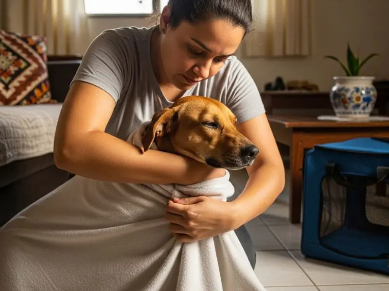 "Tutor envolvendo cão em manta para transporte seguro ao veterinário — técnica correta de primeiros socorros para pets antes e durante o deslocamento"