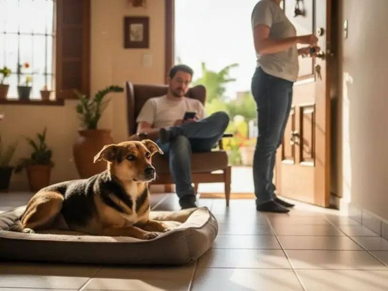 "Tutor praticando dessensibilização para ansiedade de separação — pegar chaves e sentar de volta sem sair, ensinando o cão que o sinal não significa partida imediata"