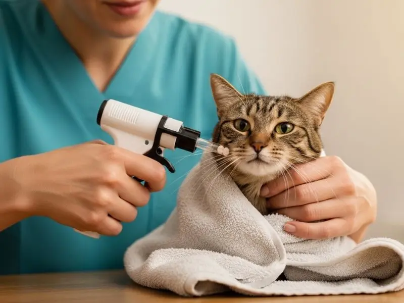 "Tutora administrando medicamento oral com pill gun em gato idoso envolto em toalha método burrito no tratamento de hipertireoidismo em gatos com técnica correta"