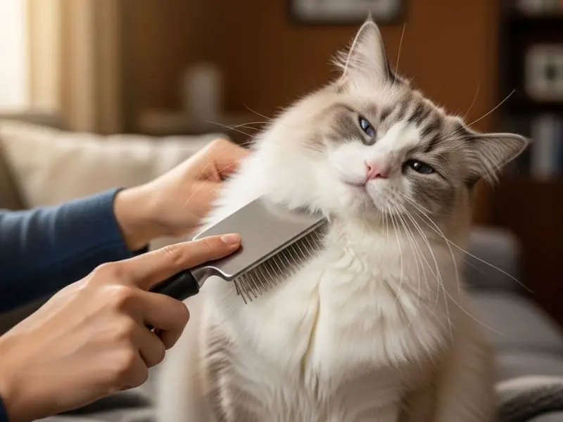 "Tutora escovando pelagem semi-longa de ragdoll raça adulto com pente de dentes largos enquanto gato relaxa com olhos semicerrados de prazer"