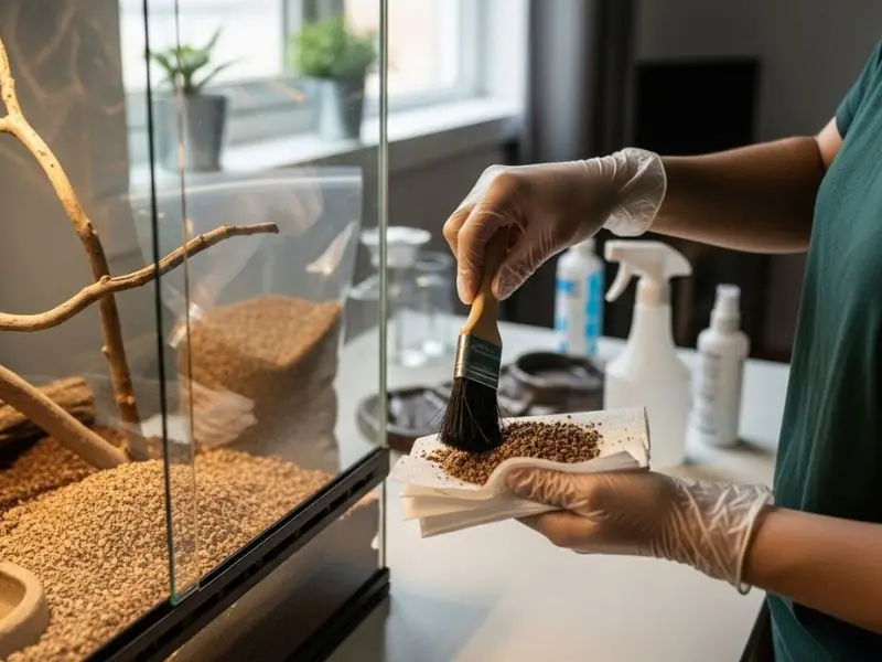 "Tutora higienizando terrário com luvas e papel toalha removendo substrato durante limpeza periódica de manutenção de substratos para terrários"