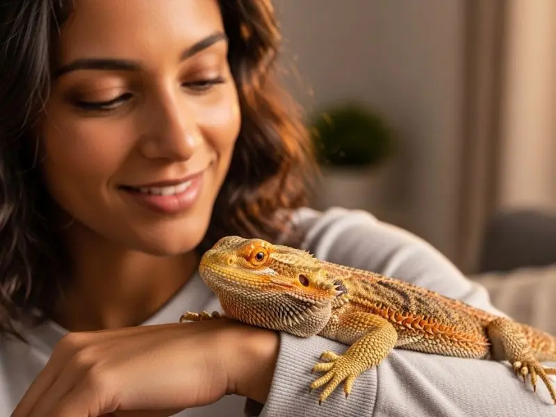 "Tutora segurando dragão barbudo adulto calmo e relaxado no braço demonstrando manuseio correto e vínculo construído com o animal"