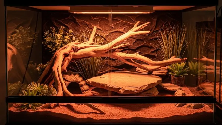 A well-lit bearded dragon terrarium, 120x60x60cm glass enclosure, decorated with driftwood, basking rock, artificial plants and a hide, warm orange UVB lighting glowing inside, photographed from the front, clean and naturalistic setup, professional reptile photography