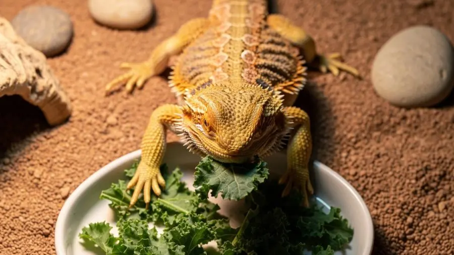 Adult bearded dragon eating dark leafy greens (kale) from a dish, healthy coloring, bright terrarium environment, overhead shot, no text
