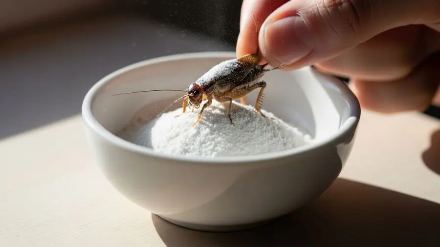 Calcium supplement powder in a small white bowl, cricket being dusted with white powder before feeding, natural light, clean background, no text