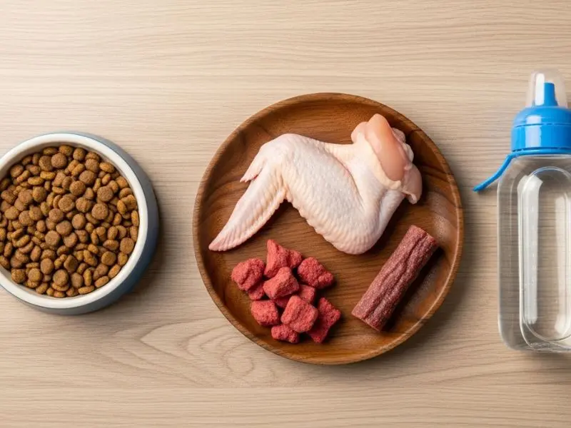 "Alimentação correta para furao como pet em flat-lay com ração especifica proteica frango cru petisco liofilizado e bebedouro sem frutas ou vegetais demonstrando dieta carnívora adequada"