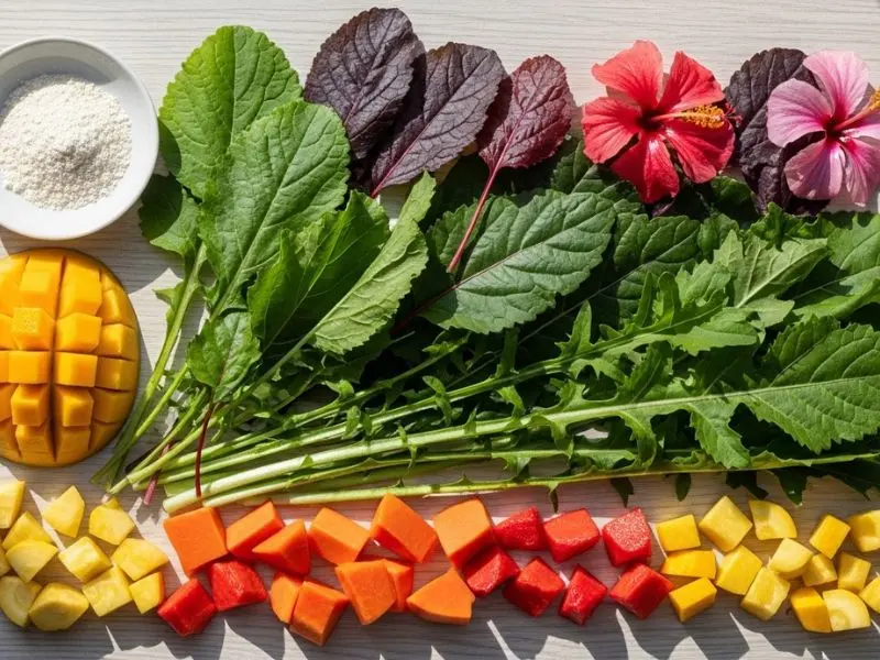 "Alimentação correta para iguana como pet em flat-lay com folhas verde-escuras mamão manga abóbora e pote de suplemento de cálcio sem proteína animal demonstrando dieta herbívora adequada"