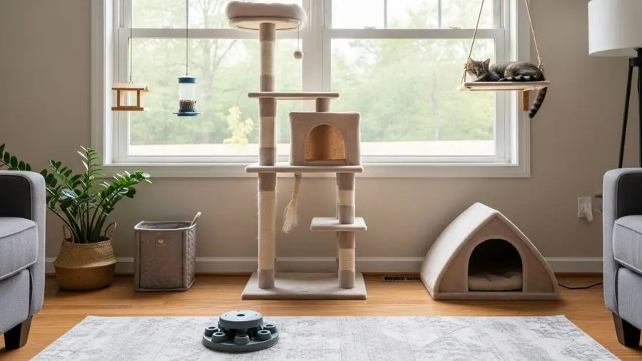 "Ambiente doméstico enriquecido para gato ansioso com arranhador alto próximo à janela caixa esconderijo no chão comedouro puzzle e poleiro com gato relaxado em cima" 