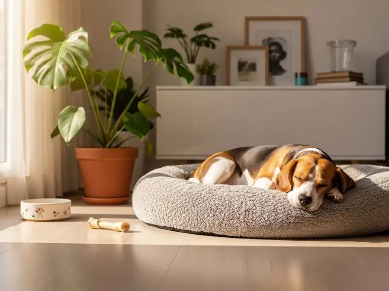 "Beagle dormindo tranquilamente em cama confortável em apartamento brasileiro ensolarado completamente relaxada sem tensão no corpo e apartamento vazio demonstrando resultado de tratamento de ansiedade de separacao em caes" 