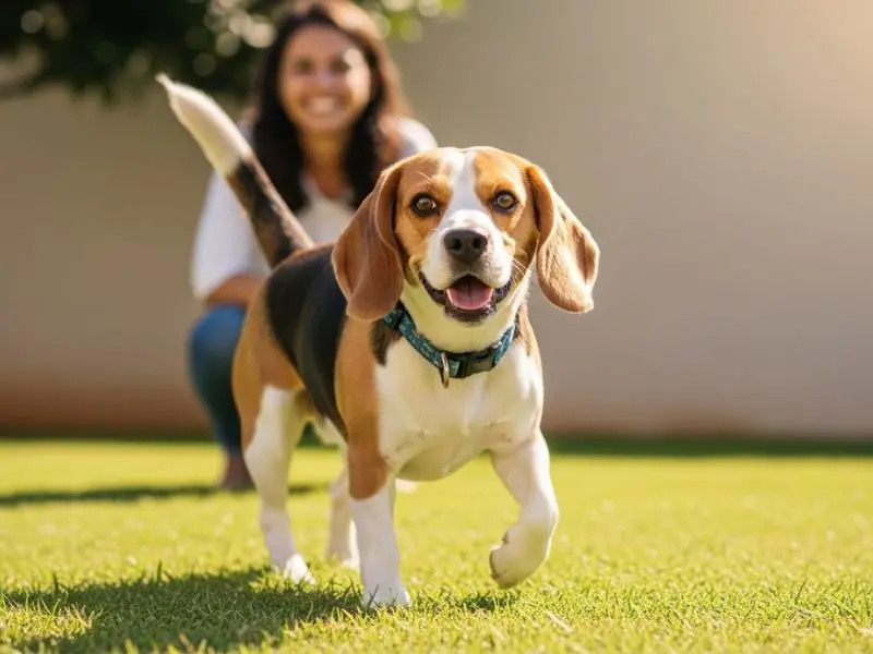 "Beagle saudável com olhos brilhantes e pelo reluzente brincando com energia em quintal brasileiro ensolarado após recuperação demonstrando resultado de tratamento bem-sucedido de erliquiose em caes" 
