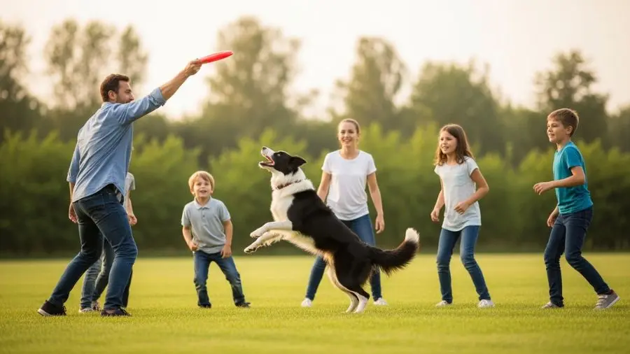 "Border collie raça pulando para pegar frisbee com família ativa em quintal amplo adulto arremessando crianças assistindo em tarde ensolarada mostrando ambiente ideal para a raça" 