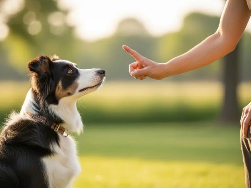 "Border collie raça sentado em posição perfeita durante treino de obediência ao ar livre com olhos fixos no treinador mostrando foco total e vínculo entre cão e tutor" 