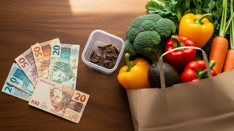 Brazilian reais banknotes beside a grocery bag with fresh vegetables and a cricket container, budget concept for exotic pet care, natural light, no text