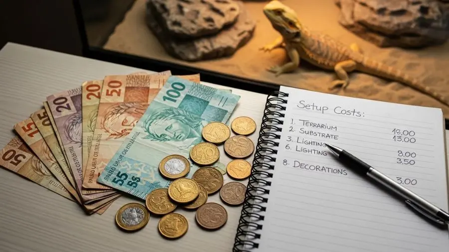 Brazilian reais notes and coins arranged beside a notepad with handwritten setup cost list, bearded dragon terrarium visible blurred in background, natural light, no text