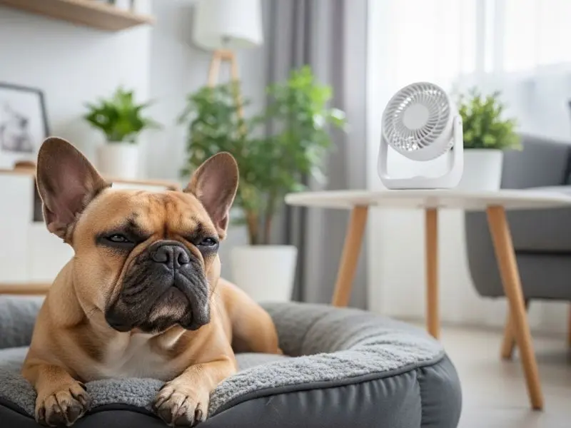 "Bulldog francês descansando confortavelmente em ambiente climatizado com ar-condicionado em casa brasileira demonstrando cuidado adequado com raça braquicefálica"