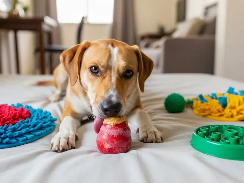 "Cachorro calmo deitado em cama confortável em apartamento brasileiro lambendo Kong congelado com pasta de amendoim com snuffle mat e puzzle feeder visíveis e apartamento vazio mas cão relaxado" 