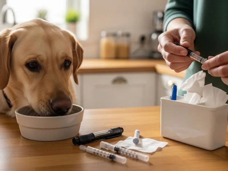 "Cachorro comendo de tigela enquanto tutor prepara seringa de insulina em bancada de cozinha com caneta de insulina seringa e algodão organizados mostrando rotina estabelecida de diabetes em pets"