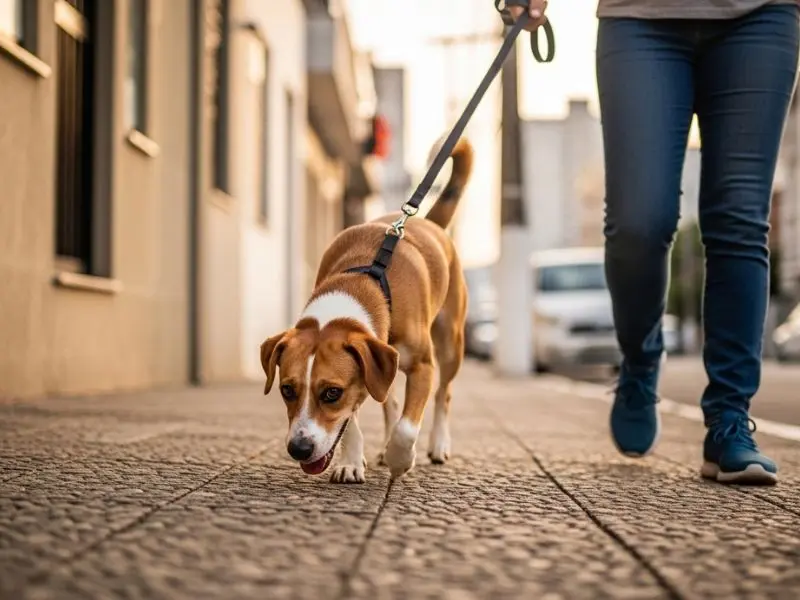 "Cachorro de apartamento feliz no passeio urbano farejando calçada com postura corporal relaxada e alegre em ambiente urbano brasileiro sob luz da manhã com tutor ao lado" 