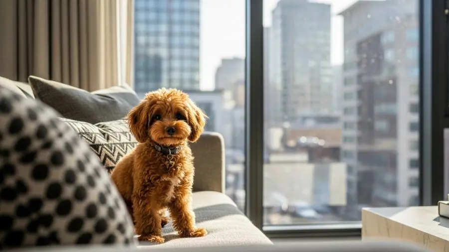 Cachorro-de-apartamento-relaxando-no-sofa-ao-lado-do-tutor-em-apartamento-pequeno-bem-organizado-com-cama-do-pet-e-brinquedos-visiveis-em-ambiente-urbano-aconchegante-150x150