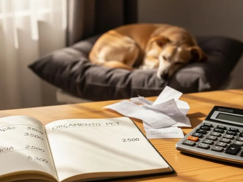 "Caderno de orçamento aberto com categorias de gastos com cachorro calculadora recibos na mesa e cachorro dormindo em almofada ao fundo demonstrando planejamento financeiro de quanto custa ter um cachorro"
