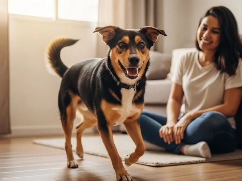 "Cão vira-lata médio saudável brincando com energia em apartamento brasileiro com pelagem brilhante após tratamento de verminose demonstrando recuperação completa"