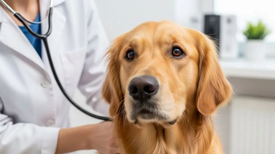 "golden retriever adulto sendo examinado por veterinaria em consultorio com estetoscópio"