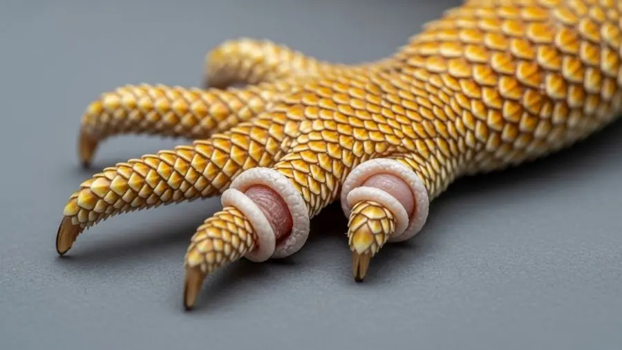 "Close-up do pé de dragão barbudo com disecdise mostrando pele seca retida formando anéis em volta dos dedos com constrição visível como sinal de alerta veterinário"