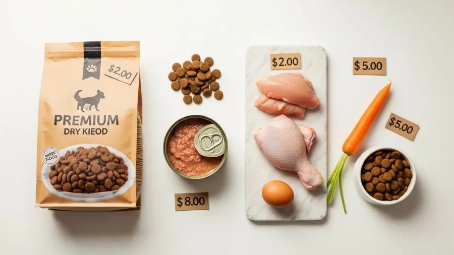 "Comparação de opções de alimentação para cachorro em flat-lay com ração seca premium ração úmida ingredientes crus frescos e tigela com etiquetas de preço demonstrando quanto custa ter um cachorro bem alimentado" 