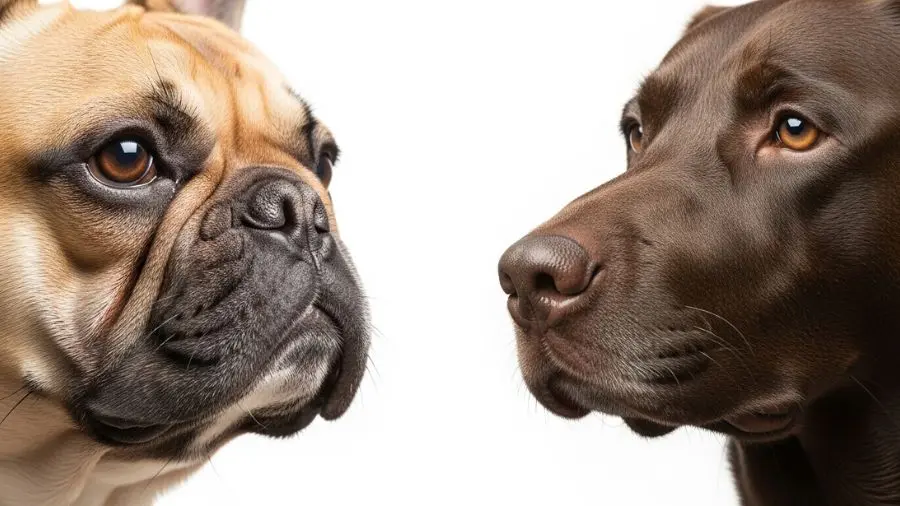 "Comparação educativa entre focinho achatado do bulldog francês braquicefálico à esquerda e focinho longo de labrador à direita ilustrando diferença respiratória na síndrome braquicefálica"