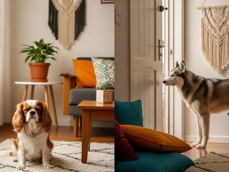 "Comparação entre Cavalier King Charles calmo em apartamento à esquerda e Husky agitado no mesmo espaço à direita demonstrando diferença de adaptação de cachorro de apartamento por energia"