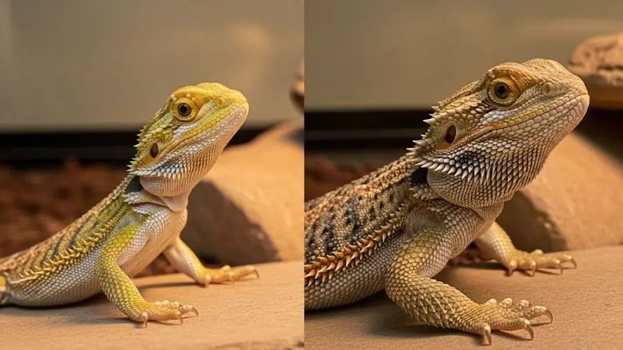 "Comparação entre filhote jovem de dragão barbudo com coloração viva ao lado de adulto com escamas maduras mostrando diferença de textura e estágio de crescimento em terrários iluminados"