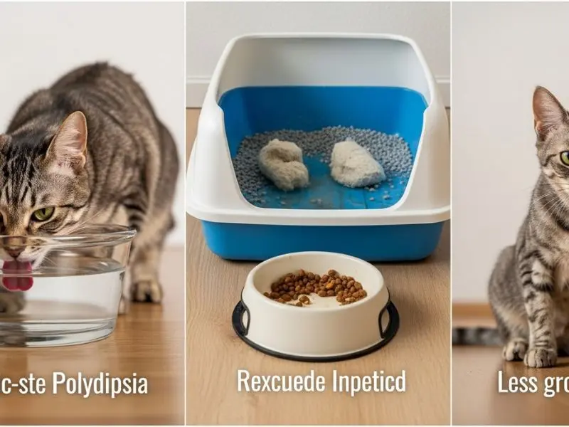 "Composição educacional mostrando sinais de doença renal em gatos incluindo gato bebendo excessivamente caixa de areia com urina excessiva tigela com sobra de comida e pelagem menos cuidada"