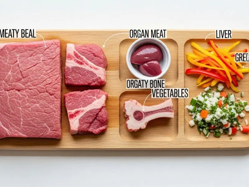 "Composição equilibrada de refeição BARF para cães com carne muscular osso carnoso vísceras e vegetais separados em tábua de madeira com etiquetas educativas" 