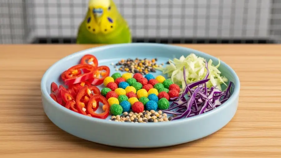 “Dieta variada com pellets como base — muito diferente da mistura de sementes da feira que parece suficiente mas não é.”