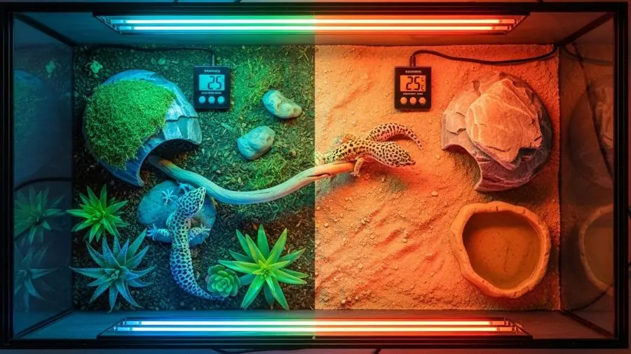 Dois termômetros digitais com sondas posicionados em cada extremidade. Sem animal visível. 