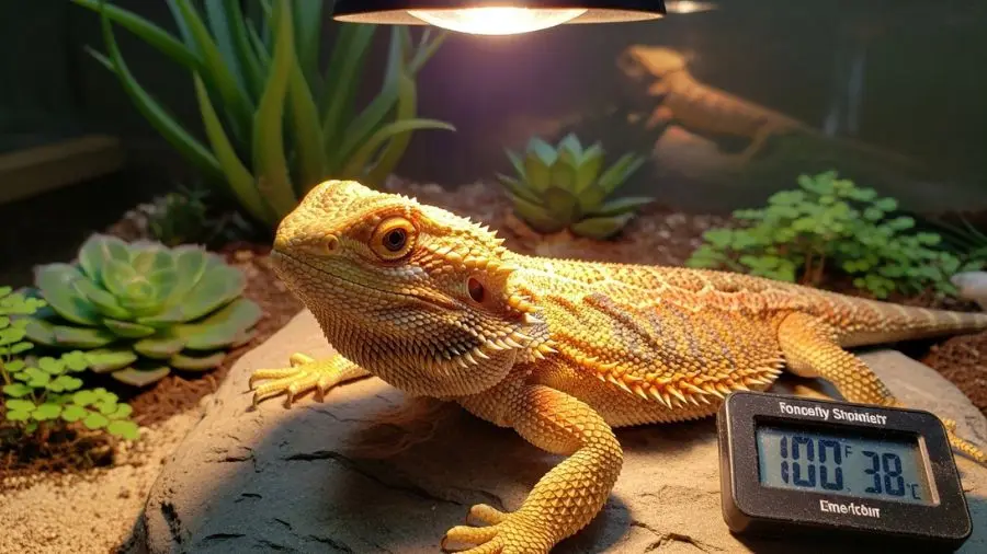 "Dragão barbudo saudável aquecendo sob lâmpada de basking no terrário — réptil bem alimentado com coloração vibrante e postura ativa" 