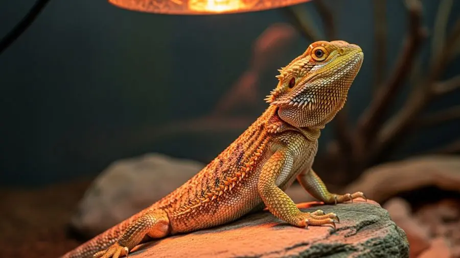 "dragão barbudo adulto saudável em basking com olhos alertas e corpo ereto no terrário"