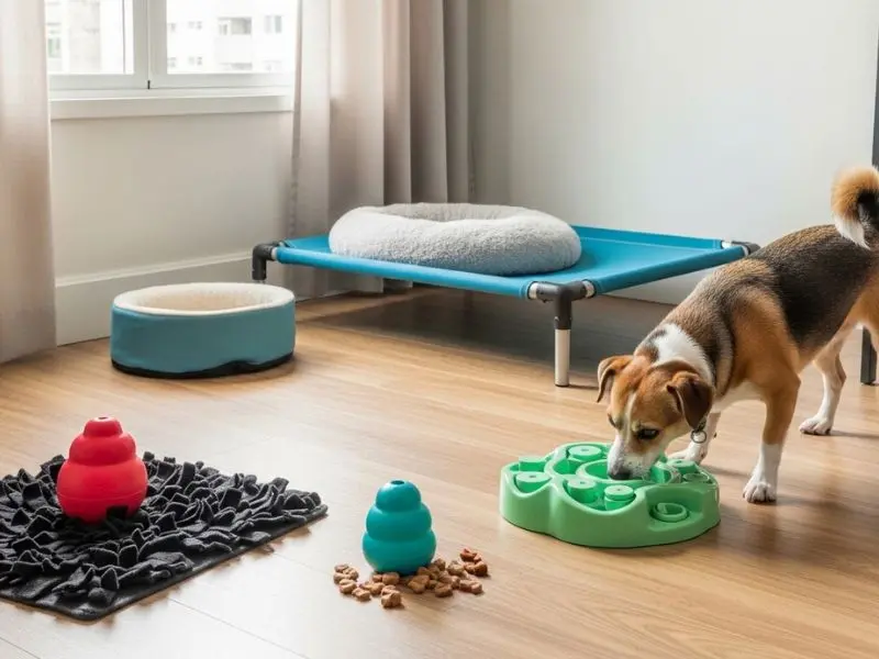 "Enriquecimento ambiental para cachorro de apartamento com brinquedo de puzzle interativo Kong recheado tapete olfativo e cama elevada próxima à janela em apartamento compacto" 