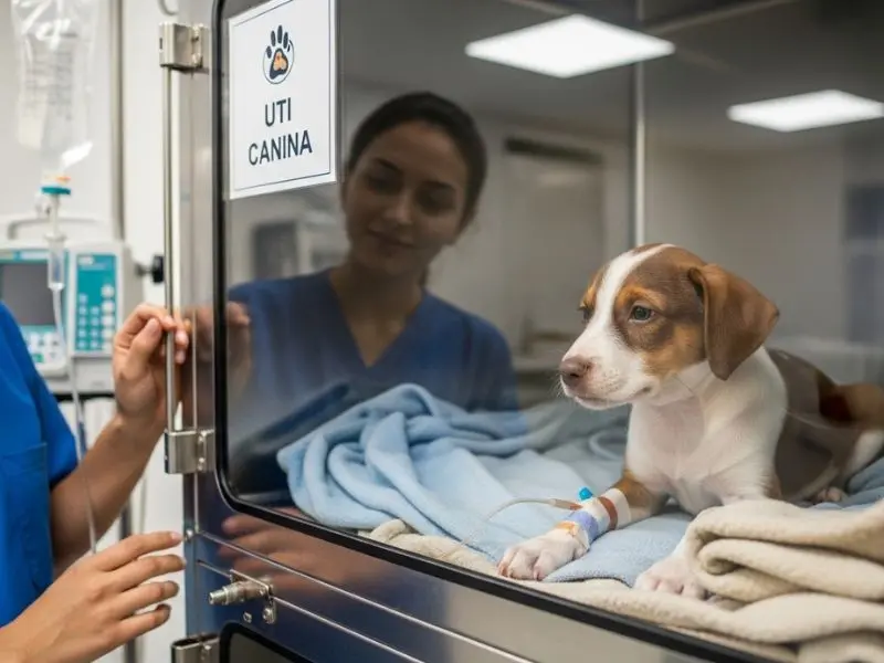"Filhote pequeno em recuperação em canil de hospital veterinário brasileiro com soro intravenoso e cama quente com olhos levemente mais alertas e técnica veterinária verificando demonstrando cuidado intensivo de parvovirose em caes" 
