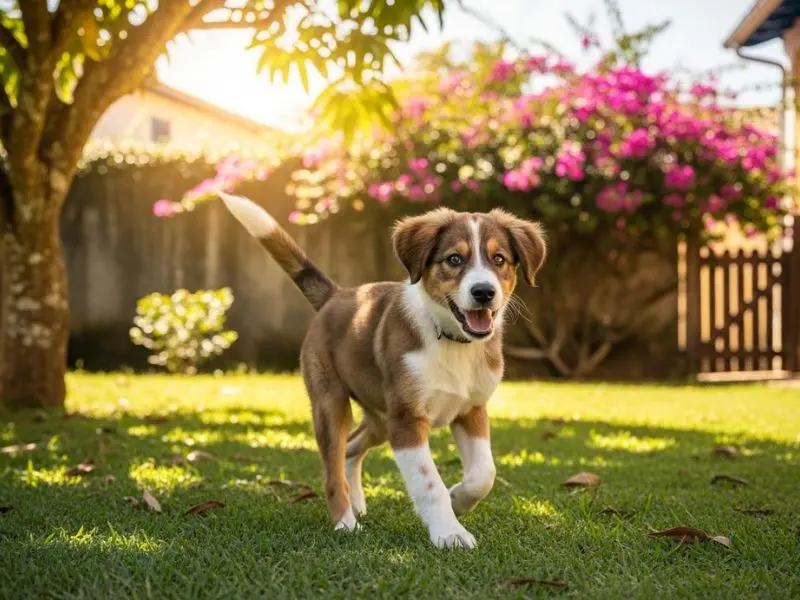 "Filhote vira-lata saudável e energético brincando com alegria em quintal brasileiro ensolarado com rabo balançando e postura vibrante demonstrando recuperação completa após tratamento de parvovirose em caes