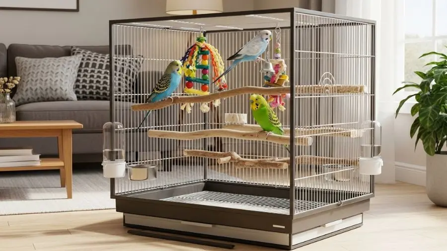 “gaiola espaçosa com dois periquitos australianos em poleiros de madeira e brinquedos iluminada naturalmente”.