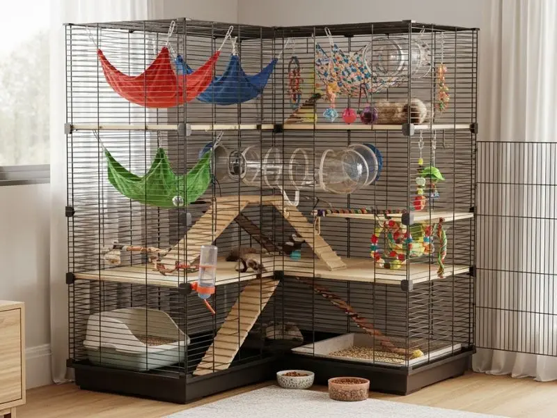  "Gaiola grande multi-nível para furão como pet com redes túneis rampas caixa de areia bebedouro comedouro e brinquedos em sala de apartamento brasileiro moderno com porta aberta" 