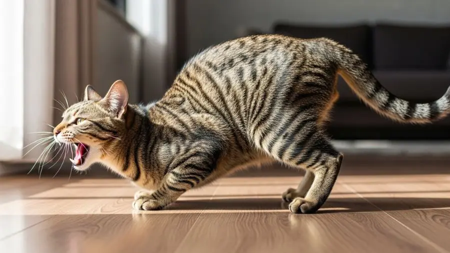 "Gata em cio em postura de lordose característica com corpo baixo e traseiro elevado expressão inquieta e vocalização intensa em ambiente doméstico iluminado"