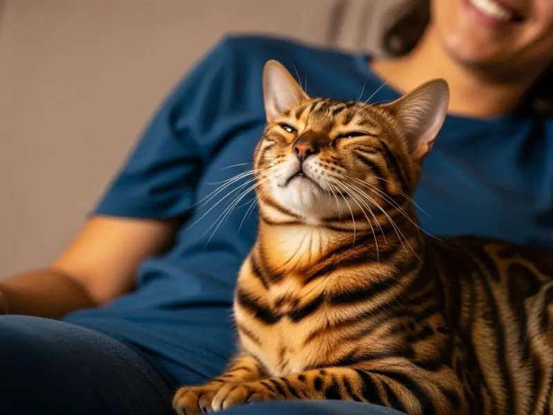 "Gato bengal em momento afetivo encostado ao lado do tutor no sofá com olhos relaxados semidormentes e pelagem manchada bonita sob luz quente em lar brasileiro"