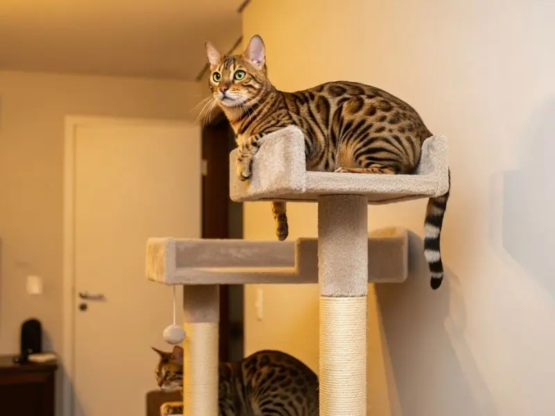 "Gato bengal no topo de árvore para gatos alta observando o ambiente com confiança em apartamento brasileiro com segundo Bengal visível em nível inferior da estrutura"