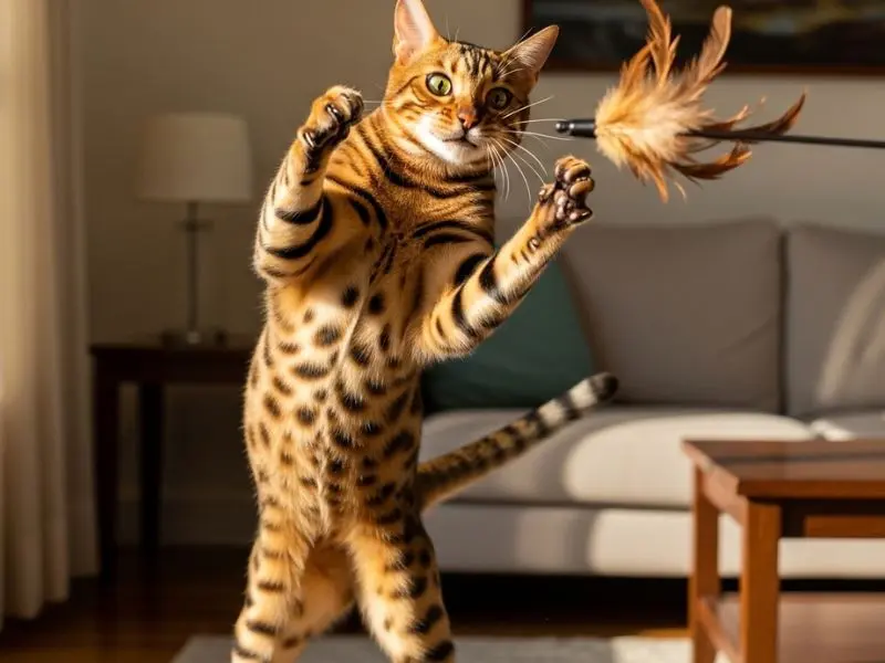 "Gato bengal saltando no ar brincando intensamente com varinha de penas com pelagem manchada visível músculos estendidos em sala de estar brasileira demonstrando energia atlética"