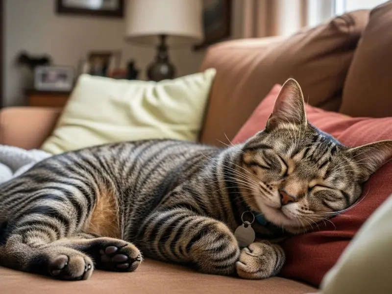 "Gato de rua adotado completamente adaptado dormindo contente em sofá aconchegante com pelagem cuidada e postura relaxada meses depois do processo de adotar gato de rua"