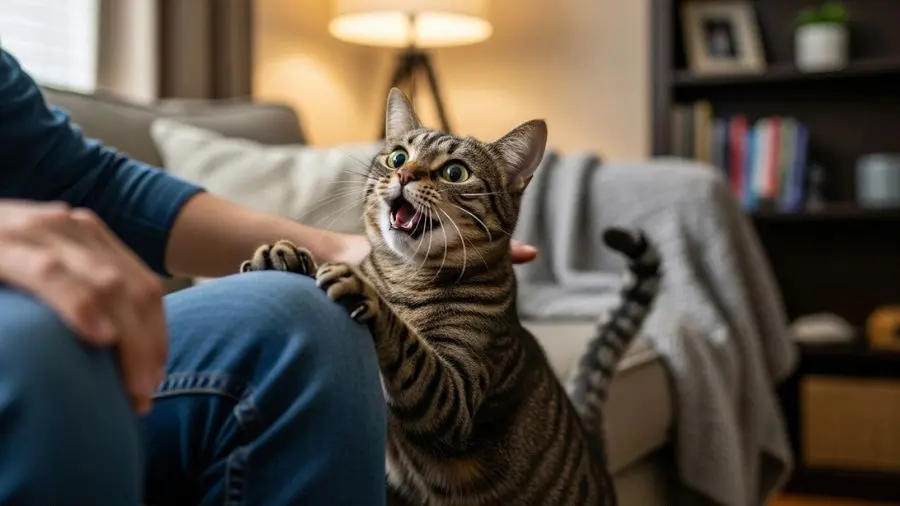 "Gato doméstico adulto apoiando a pata na perna de pessoa sentada no sofá com olhar exigente e boca aberta miando pedindo atenção em sala de estar com iluminação aconchegante" 