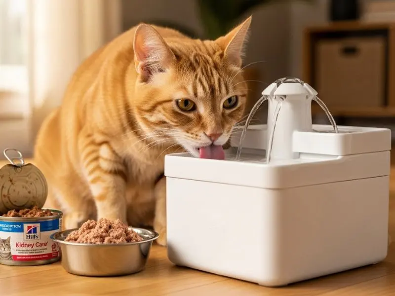 "Gato idoso bebendo de bebedouro com fluxo para incentivar hidratação com ração úmida e ração renal prescrita ao lado no manejo da doença renal em gatos em casa"