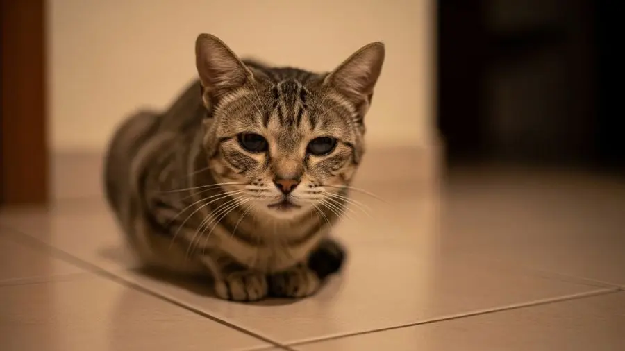 "Gato idoso com focinho grisalho e olhos levemente opacos sentado sozinho no chão de azulejo à noite com postura lenta e expressão levemente desorientada em iluminação doméstica suave"